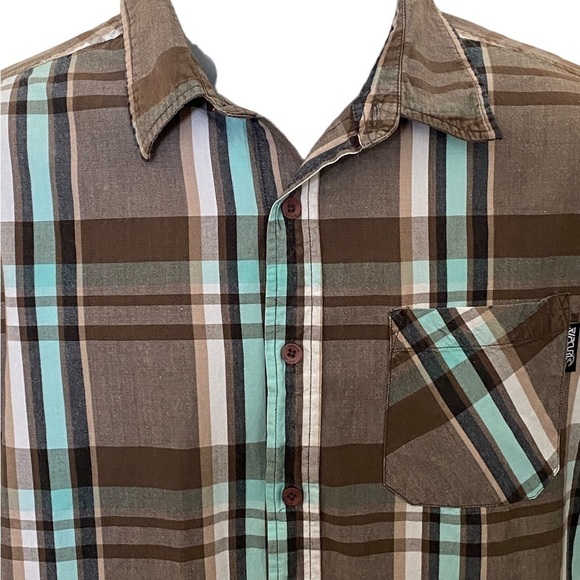 RIP CURL Brown & Blue-Green Plaid Short Sleeve Collared Shirt Men M Medium - Picture 2 of 8